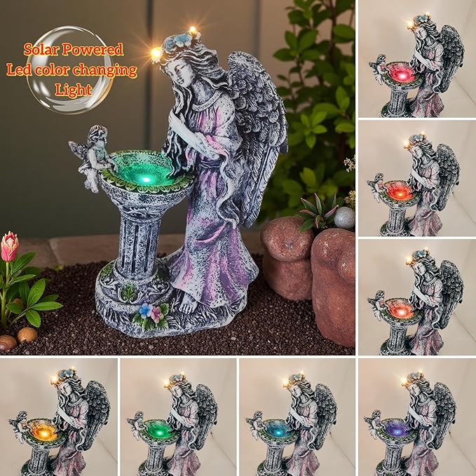 Solar Angel Figurine Lights Outdoor Waterproof Garden Statue with Color Changing Birdbath Fountain, Fairy Garden Decor for Outside Yard Patio Porch, Housewarming Gifts for Thanksgiving Christmas