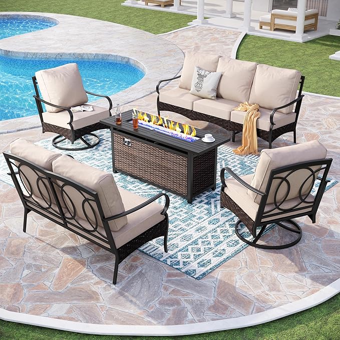 Patio Furniture Set with 56" Fire Pit Table, Premium Outdoor Wicker Metal Frame Furniture with Upgraded Waterproof Thick Cushions for Porch, Poolside, Deck, and Yard