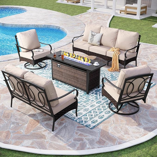 Patio Furniture Set with 56" Fire Pit Table, Premium Outdoor Wicker Metal Frame Furniture with Upgraded Waterproof Thick Cushions for Porch, Poolside, Deck, and Yard
