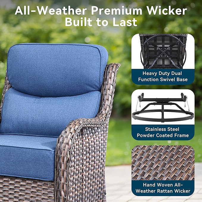 Luxury High Back Outdoor Furniture with 6-Inch Thick Cushions, Patio Furniture Set with Swivel Chairs, 6 PCS Wicker Conversation Set for Porch, Balcony, Deck and Yard
