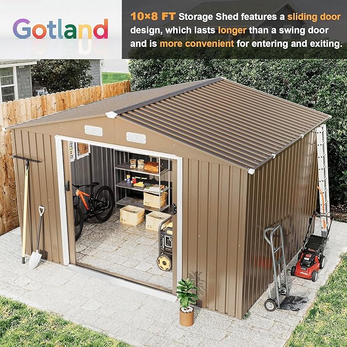 Gotland 10FT x 8FT Sheds & Outdoor Storage, Storage Shed with 1 Large Window Sloped Step, Metal Shed with 2 Lockable Slide Doors Air Vents, Outdoor Shed for Backyard Patio Lawn Brown