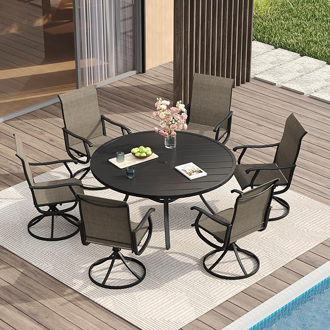 VICLLAX Patio Dining Set for 6, 7 Pieces Outdoor Furniture Includes 53" Round Patio Table with Umbrella Hole and 6 Outdoor Swivel Chairs for Lawn Garden, Black Tabletop and Mixed Brown Fabric