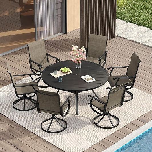 VICLLAX Patio Dining Set for 6, 7 Pieces Outdoor Furniture Includes 53" Round Patio Table with Umbrella Hole and 6 Outdoor Swivel Chairs for Lawn Garden, Black Tabletop and Mixed Brown Fabric