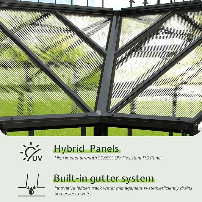 AMERLIFE 12x10x8 FT Hybrid Polycarbonate Greenhouse, Quick-Connect Aluminum Frame, Dual Roof Vents & Double Doors, Walk-in Backyard Greenhouse with Gutters, Black