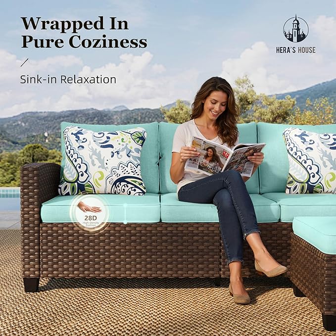 HERA'S HOUSE Patio Furniture Set with Fire Pit Table, Outdoor Wicker Furniture, All Weather Deep Seating Conversation Sofa Set, Brown Rattan Chairs for Deck Backyard, Blue