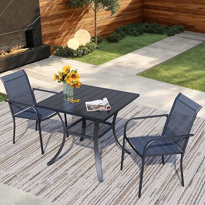 3 Pieces Round Dining Table Set for 2, Patio Dining Set Includes 2 Dark Blue Stackable Patio Chairs and 27.6" Black Metal Square Table, Patio Furniture Sets with Sling Support for Outside, Garden