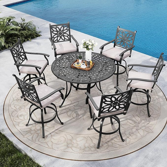 MFSTUDIO Cast Aluminum Bar Height Patio Dining Set of 7, Outdoor Table and Chairs Set with 1×54" Round Aluminum Patio Table and 6×Swivel Outdoor Bar Stool