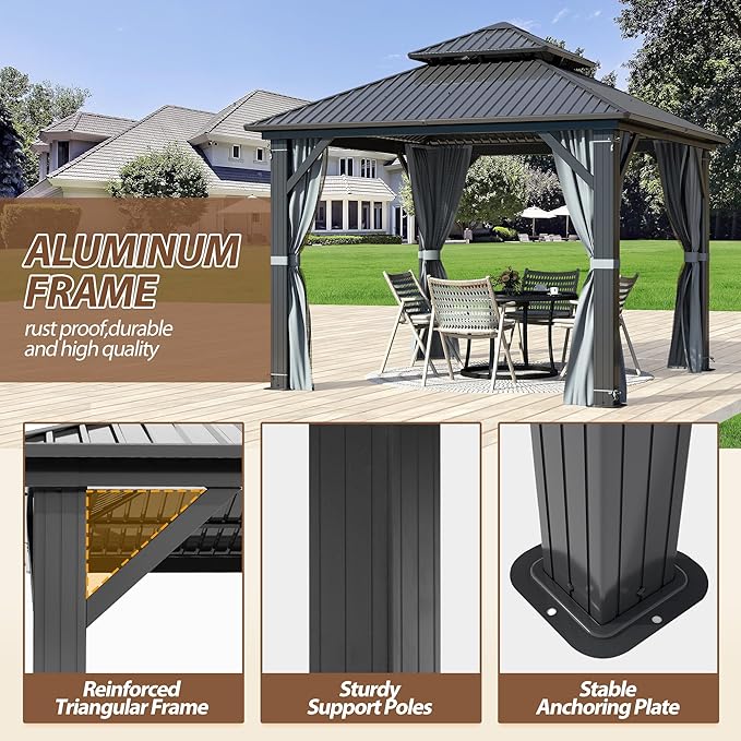 10 X 10ft Hardtop Gazebo, Galvanized Steel Double Roof Gazebo with Nettings and Curtain Outdoor Aluminum Frame Vertical Stripes Roof Permanent for Patio, Backyard, Lawns
