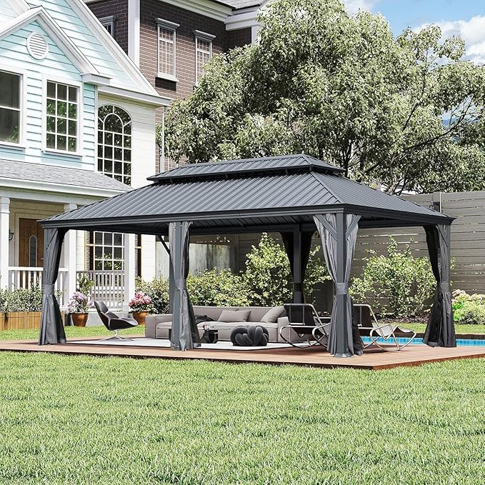 Domi 14'x22' Hardtop Gazebo Canopy,Outdoor Aluminum Gazebo with Galvanized Steel Double Roof, Extra Large Permanent Gazebo Pavilion for Patio Deck Backyard,Curtain and Netting,Grey