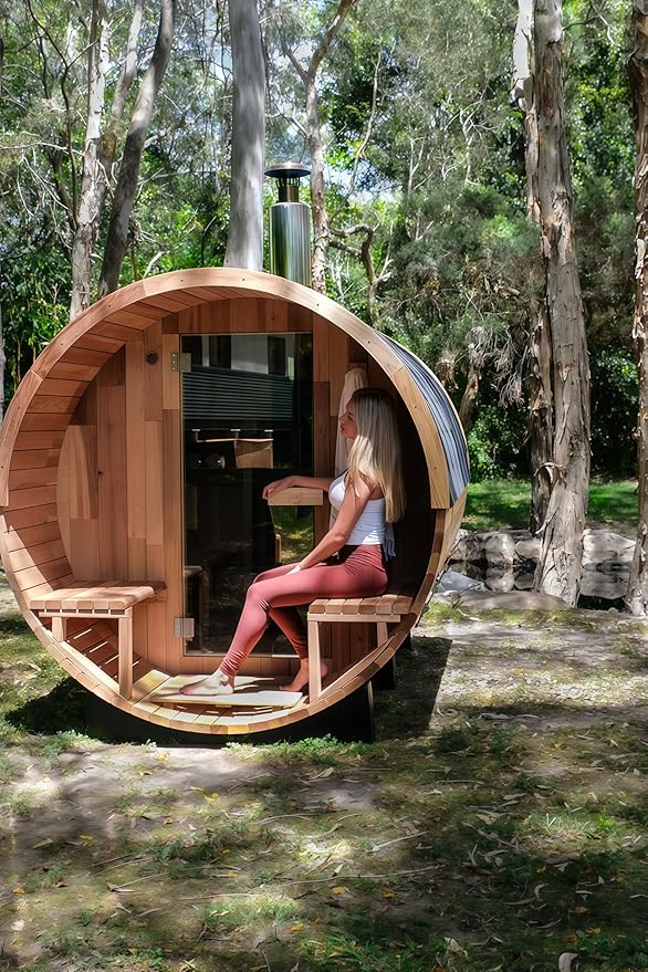 Barrel Sauna, Canadian Red Cedar Outdoor Sauna 4-6 Person,15KW Wood Burning Saunas Stove, Half Glass Window, Triple Waterproof System for Garden, Patio