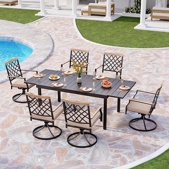 PHI VILLA 7 Piece Outdoor Furniture Dining Set, All-Weather Metal Steel Conversation Set Includes 6 Chairs and 1 Extendable Dining Table for Patio Garden Deck