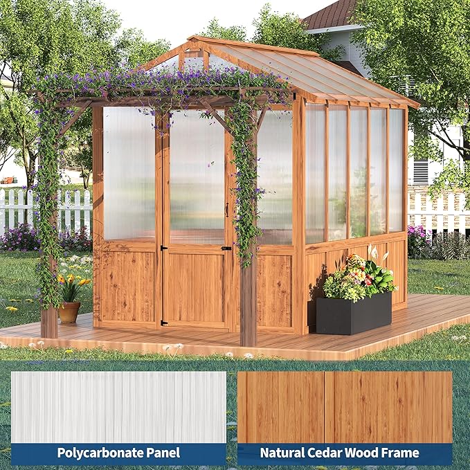 8x13FT Greenhouse Kit with Pergola, Wooden Greenhouse with Cedar Frame, Outdoor Wood Greenhouses with Roof Vent, Wood and Polycarbonate Walk-in Greenhouses