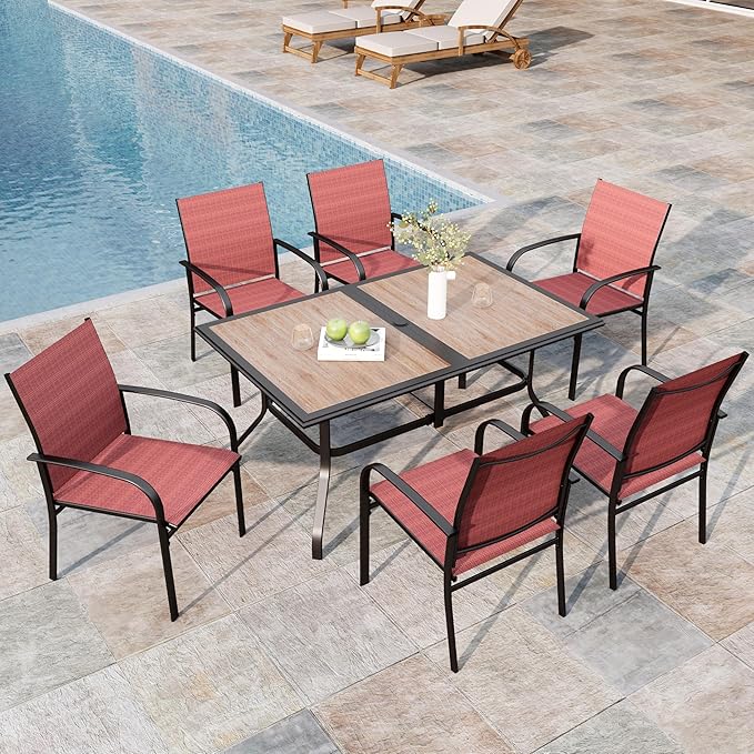 7 Pieces Patio Table and Chairs Set, Outdoor Dining Furniture Set for 6, 6 Red Textilene Chairs and 61" Wood-Like Table Top with Umbrella Hole, for Deck Backyard Lawn