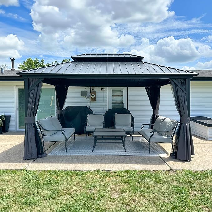 PURPLE LEAF 10' X 14' Outdoor Gazebo with Dual-Layer Galvanized Steel Double Roof for Patio Lawn Garden Aluminum Gazebo with Netting and Curtains Grey