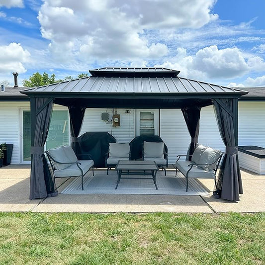 PURPLE LEAF 10' X 14' Outdoor Gazebo with Dual-Layer Galvanized Steel Double Roof for Patio Lawn Garden Aluminum Gazebo with Netting and Curtains Grey