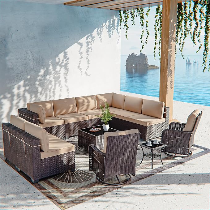 12 Pcs Outdoor Patio Furniture Set Outdoor Furniture All Weather Patio Sectional Sofa PE Wicker Modular Conversation Sets with Coffee Table, Swivel Rocking Chair (Sand)