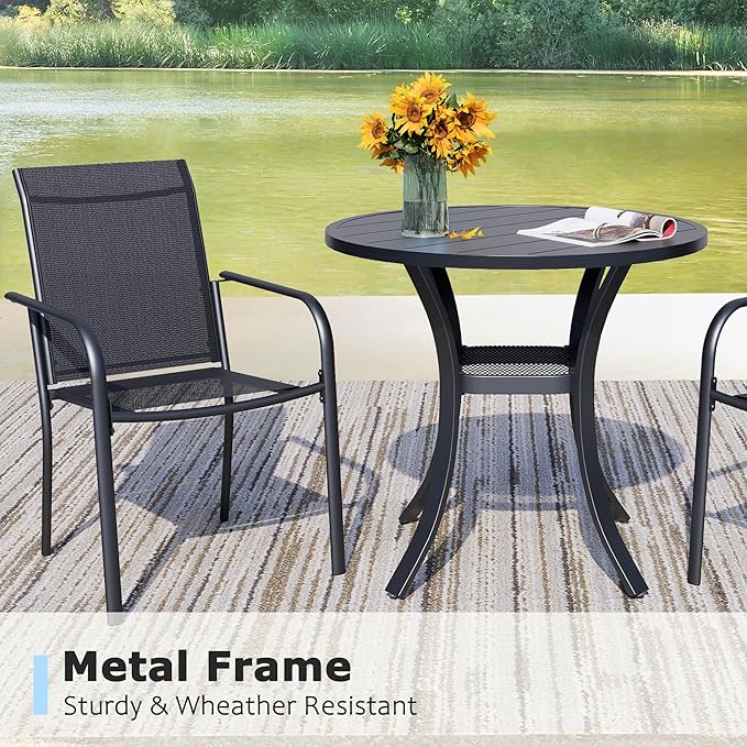 3 Pieces Round Dining Table Set for 2, Patio Dining Set Includes 2 Black Stackable Patio Chairs and 27.6" Black Metal Round Table, Patio Furniture Sets with Sling Support for Outside, Garden