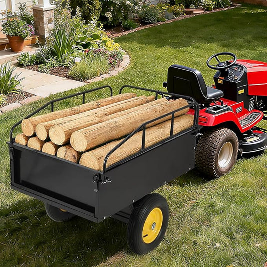 500LBS Heavy Duty Tow Behind ATV Trailer, Steel Dump Cart, Garden Utility Trailer with Removable Tailgate for Riding Lawn Mower Tractor, Black