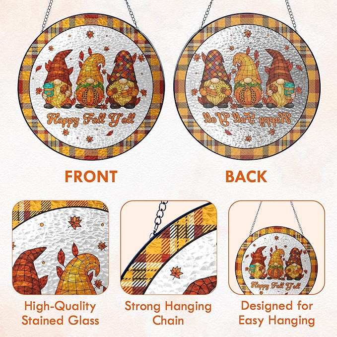 FLAGWIX Fall Decorations for Home - Happy Fall Y'all Stained Glass Window Hanging 8 in - Fall Gifts for Women Men, Gnomes Sun Catchers Indoor Window Garden Decor, Thanksgiving Decorations Sun Catcher
