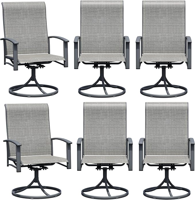 Patio Swivel Chairs Set of 6, Outdoor Swivel Chairs with Armrest, High Back Patio Chair with Metal Frame, All-Weather Outdoor Dining Chair for Deck, Porch and Lawn, Grey