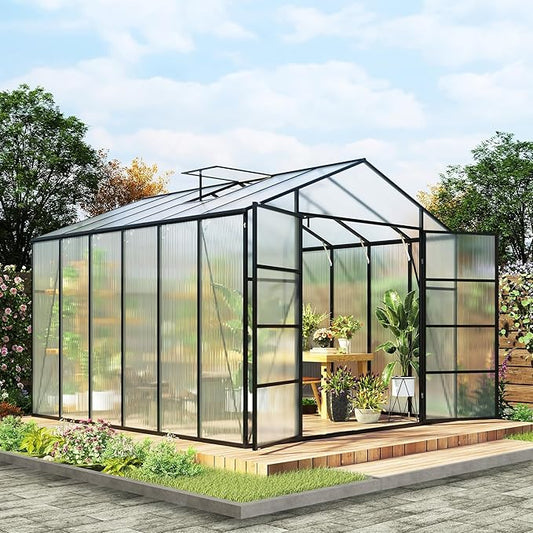 10*12*8.7FT Greenhouse for Outdoors,Polycarbonate Greenhouse with Stronger Wind Protection and Roof Vent,Walk-in Large Aluminum Sunroom Winter Proof,Black