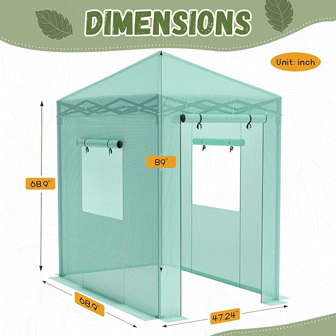 Devoko Walk-in Greenhouse, Portable Pop-in Green House with Zippered Door and 2 Roll-up Windows and PE Cover, Portable and Easy Assemble (Green, 6x4 Feet)