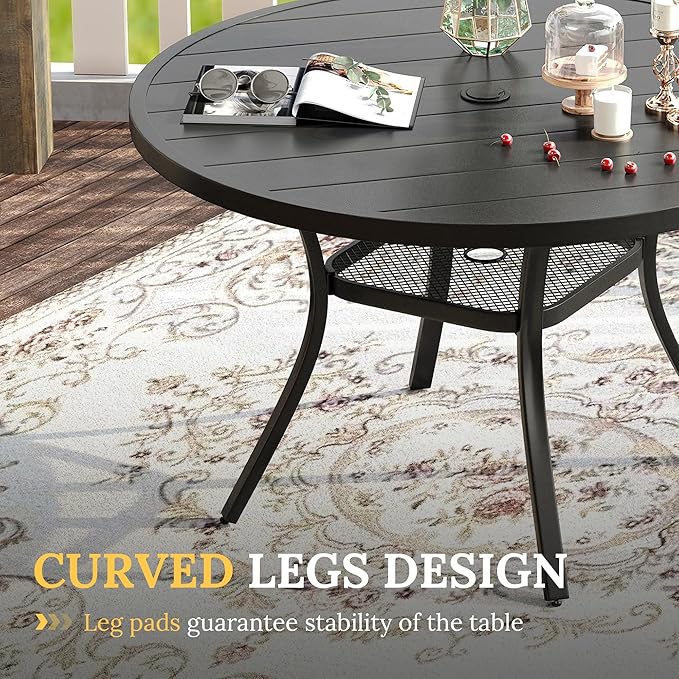 VICLLAX Patio Dining Set for 6, 7 Pieces Outdoor Furniture Includes 47.2" Round Patio Table with Umbrella Hole and 6 Outdoor Swivel Chairs for Lawn Garden, Black Tabletop and Mixed Brown Fabric