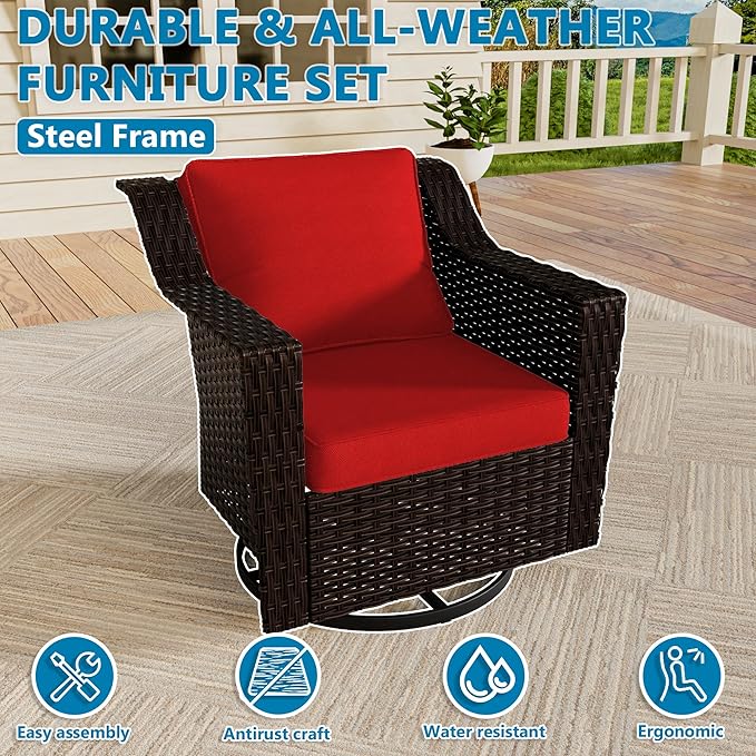 Vista Vibe Outdoor Patio Deep Seat Luxurious Chair - 360 Degree Swivel Glider Rocker Chair with Washable Cushions, Hand-Woven & All-Weather PE Rattan, Balcony, Yard (Brown/Red)