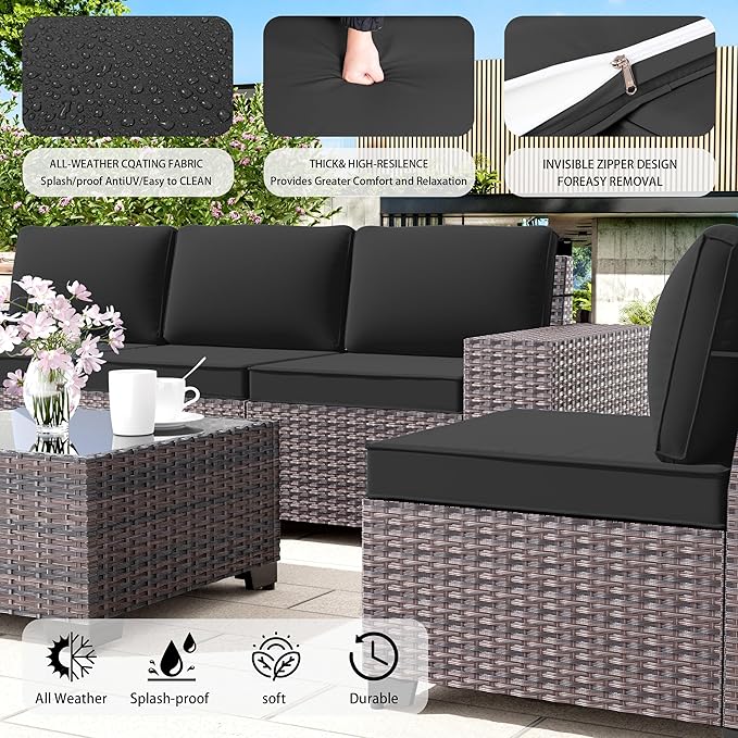 Outdoor Patio Furniture Set, 6 PCS Outdoor Furniture All Weather Patio Sectional Sofa PE Wicker Modular Conversation Sets with Coffee Table,5 Chairs & Seat Clips Black