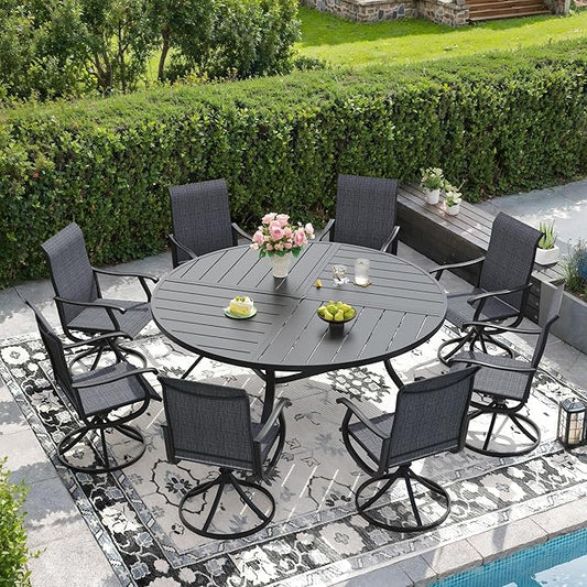 DIFY 9 Pieces Outdoor Patio Dining Set, 8 Dark Grey Textilene Swivel Dining Chairs and 59.8" Black Round Metal Dining Table, Outdoor Table and Chairs