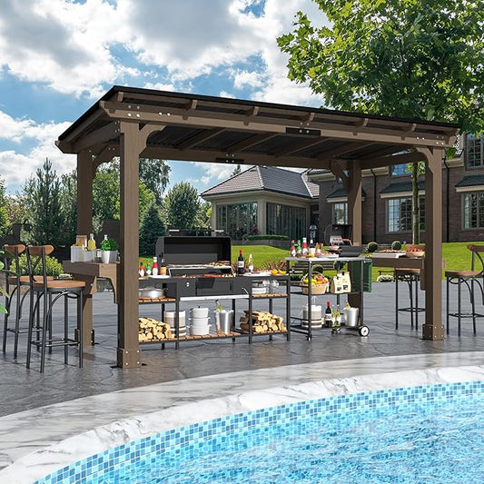 6 x 13 FT Wooden Grill Gazebo with Sloping Metal Roof, BBQ Canopy with Stakes for Outdoor Patio, Garden, Lawn, Light Mocha Brown