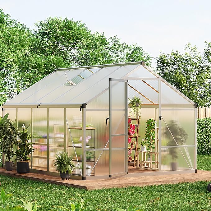 8 x 10 ft Greenhouse, Greenhouses for Outside, Polycarbonate Greenhouse with Aluminum Frame, Lockable Door and Ajustable Roof Vent for Backyard, Green Houses for Outside Garden Backyard, Patio