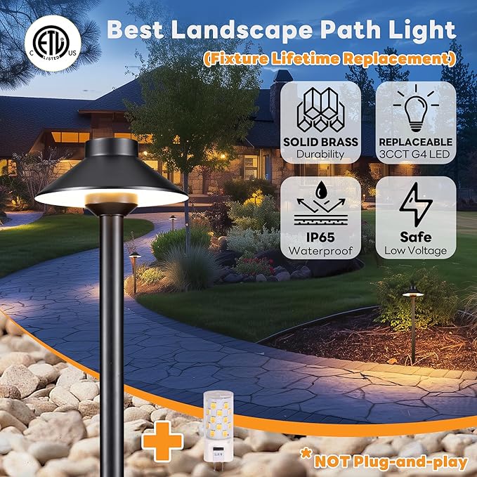 Gardenreet Outdoor Brass Pathway Lights, 2700K/3000K/4000K Adjustable Low Voltage Landscape Path Lighting Wired, 12v Walkway Light LED Waterproof, Black for Outside Garden Yard with G4 Bulb (4 Pack)