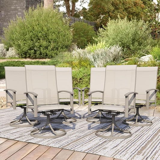 Patio Swivel Chairs Set of 6, Outdoor Swivel Chairs with Armrest, High Back Patio Chair with Metal Frame, All-Weather Outdoor Dining Chair for Deck, Porch and Lawn, Ivory Beige