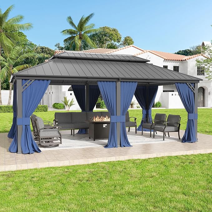 12'x20' Hardtop Gazebo,Double Roof, Outdoor Galvanized Steel Metal Gazebo with Curtains and Netting for Patios, Gardens, Lawns, NavyBlue