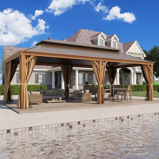 12' X 24' Hardtop Gazebo, Aluminum Wood-Looking Frame Outdoor Permanent Galvanized Steel Double Roof Pavilion Pergola Canopy with Privacy Curtains for Garden, Patio, Backyard, Deck and Lawns.