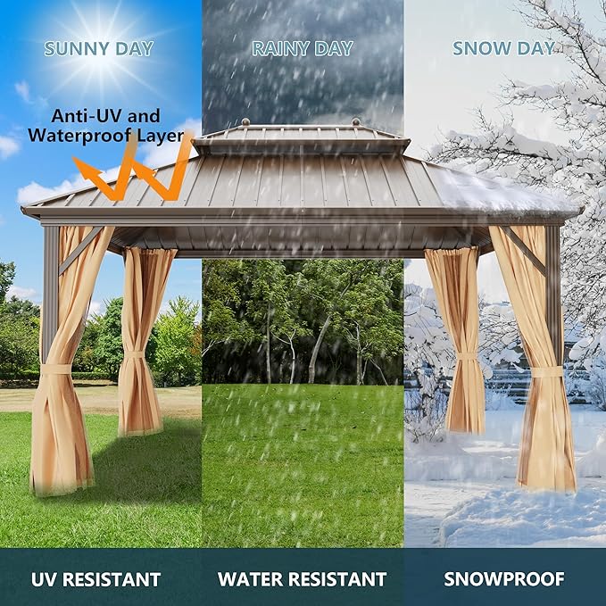 10'x14' Hardtop Gazebo, Outdoor Aluminum Patio Gazebo Double Roof Galvanized Steel Canopy with Netting and Curtains,for Garden, Patio, Backyard, Deck and Lawns.