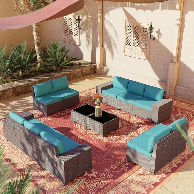Outdoor Patio Furniture Set, 12 Pieces Outdoor Furniture All Weather Patio Sectional Sofa PE Wicker Modular Conversation Sets with Coffee Table,10 Chairs & Seat Clips Turquoise Blue.