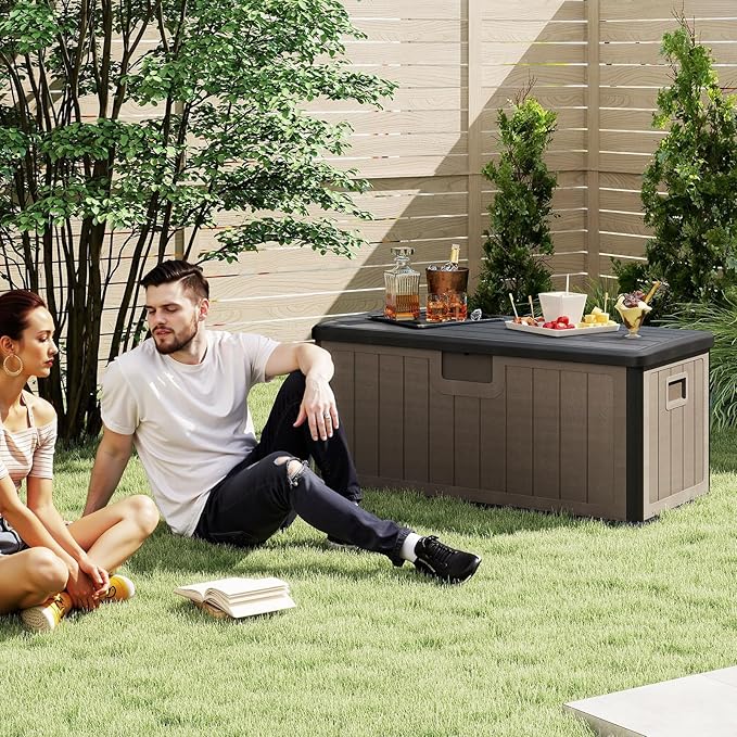 HAPPYGRILL Outdoor Storage Deck Box with Lockable Design & Gas Strut, Handle, 100 Gallon HDPE Patio Storage Organizer for Lawn Backyard Poolside (Black Brown)