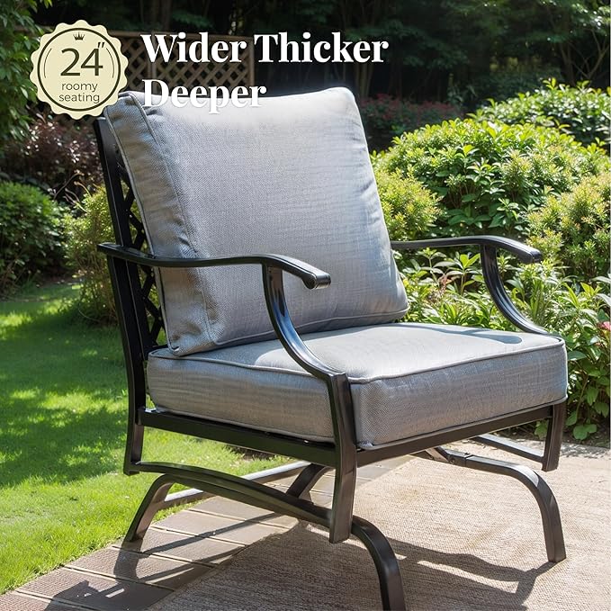 Patio Furniture Set 6 pcs, Outdoor Patio Furniture, 1 X 3-Seat Sofa, 2 X Single Chairs, 2 X Rocker Chairs, 1 X Coffee Table and 5.75" Extra Thick Cushion, Patio Conversation Set,Grey