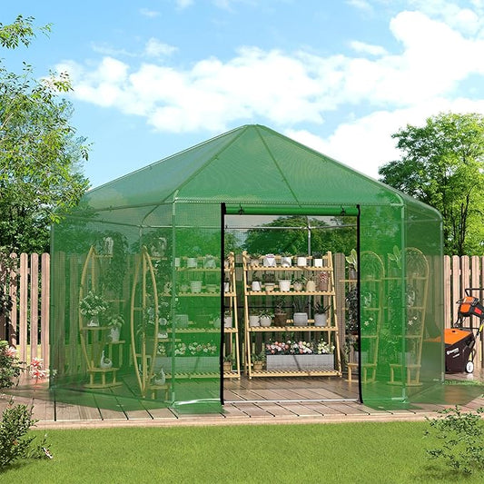 MU 13.4x13.4x8.8 FT Greenhouses for Outdoors, Heavy-Duty Green House for Outside, Walk in Winter Greenhouse with 180g Double Layer PE Cover, Ground Stakes, Great for Garden/Patio/Backyard