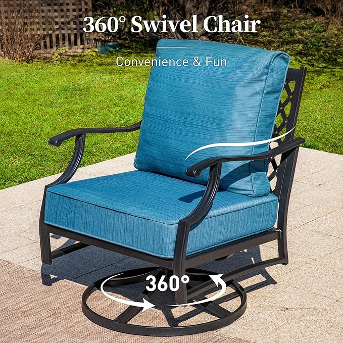 5 Piece Metal Outdoor Patio Furniture Set, Patio Conversation Sets 3-seater Sofa, 2 Swivel Chairs, 2 Ottomans with 5.75" Thick Cushion, Black All-weather Backyard Furniture Set, Blue-2