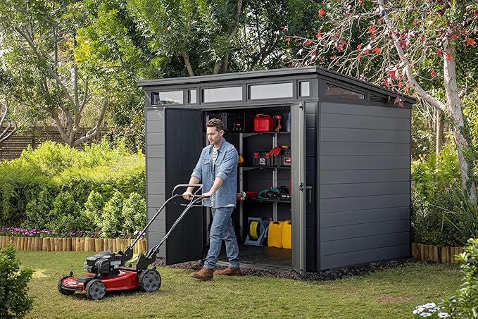 9x7 Ft All-Weather Storage Shed with Skylight,Window,Built-in Ventilation,Walls, & Lockable Double Doors for Patio Furniture Lawn Mower Tools and Bike Storage Lockable Black and Gray