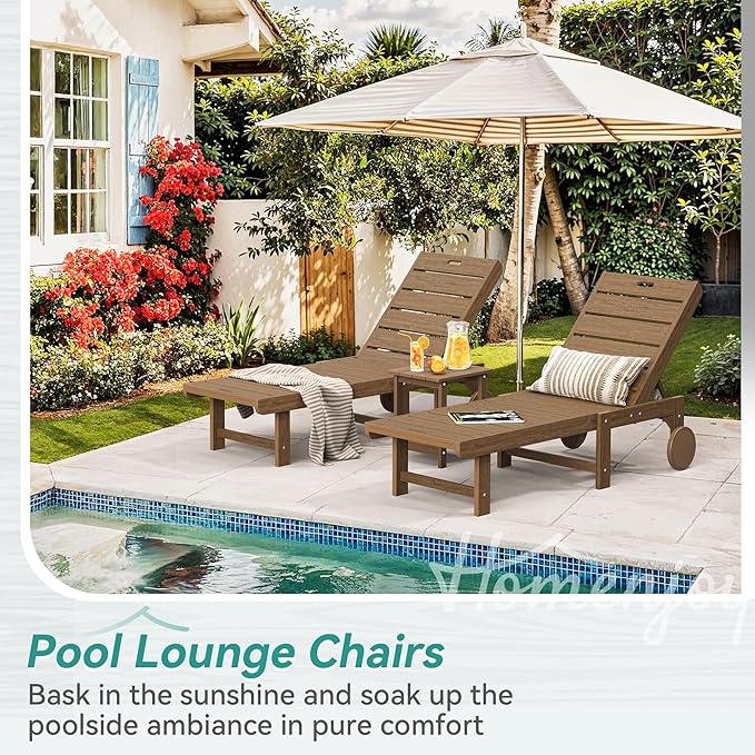 Outdoor Chaise Lounge Chairs with Table, 2-Piece, 26.8” Super Wide Lounge Chair Outdoor, HDPS Pool Chairs with 5 Positions, Patio Lounge Chair with Wheels for Pool,Lawn,Backyard, Brown