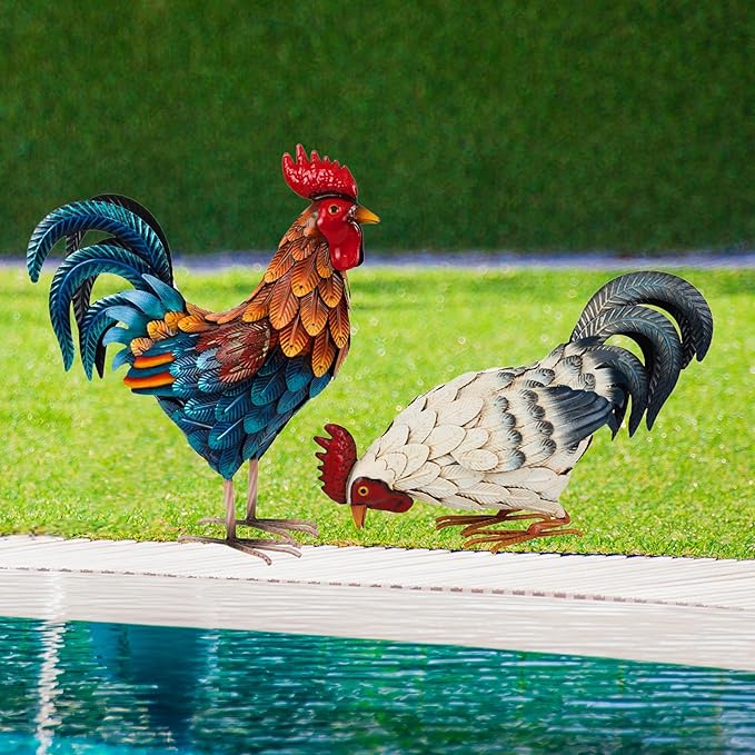 Shorayn Metal Rooster Statues, Outdoor Garden Metal Chicken Decor, Garden Sculptures Chicken Ornaments Yard Art for Backyard Patio Lawn Decorations, Set of 2