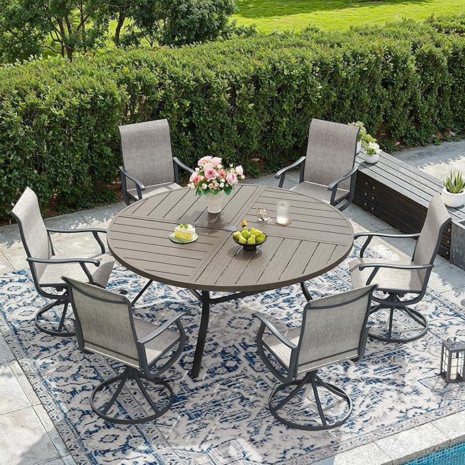 DIFY 7 Pieces Outdoor Patio Dining Set, 6 Grey Textilene Swivel Dining Chairs and 53.1" Grey Wood-Like Round Metal Dining Table, Outdoor Table and Chairs
