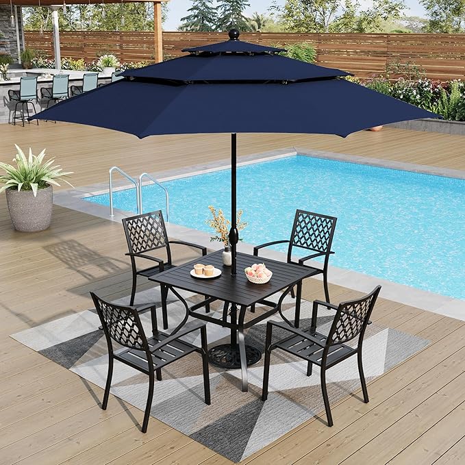 PHI VILLA Patio Dining Set 6 Piece with 4 Metal Outdoor Stackable Chairs, 1 Square Metal Table and 10ft 3 Tier Umbrella(Navy Blue), Outdoor Table Furniture Set for Patio, Deck, Poolside