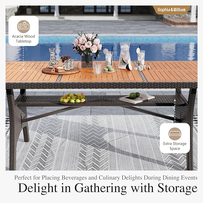 Sophia & William 7 Piece Patio Dining Set, Patio Table and Chairs Set Outdoor Dining Set for 6, Acacia Wood Patio Dining Table Set with PE Rattan Wicker Chairs for Garden, Porch, Backyard
