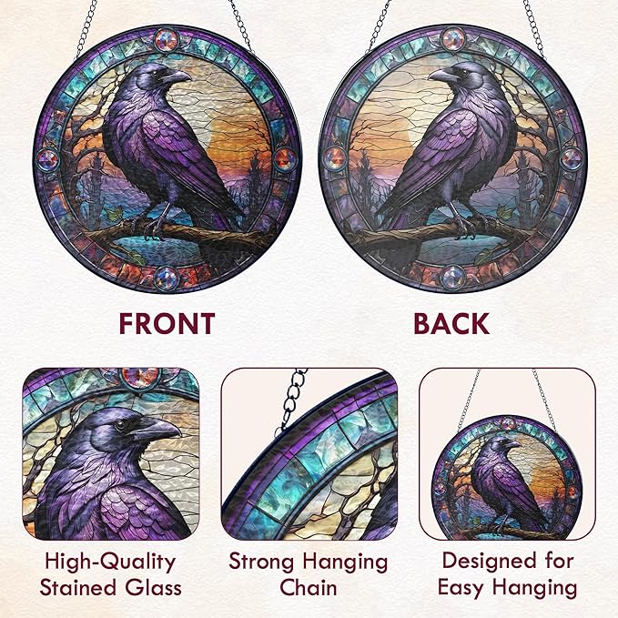 FLAGWIX Halloween Decorations Indoor Outdoor - The Crow Raven Stained Glass Window Hanging 8in - Black Crow Suncatchers for Gothic Home Decor, Halloween Fall Christmas Decor Gifts for Men Women