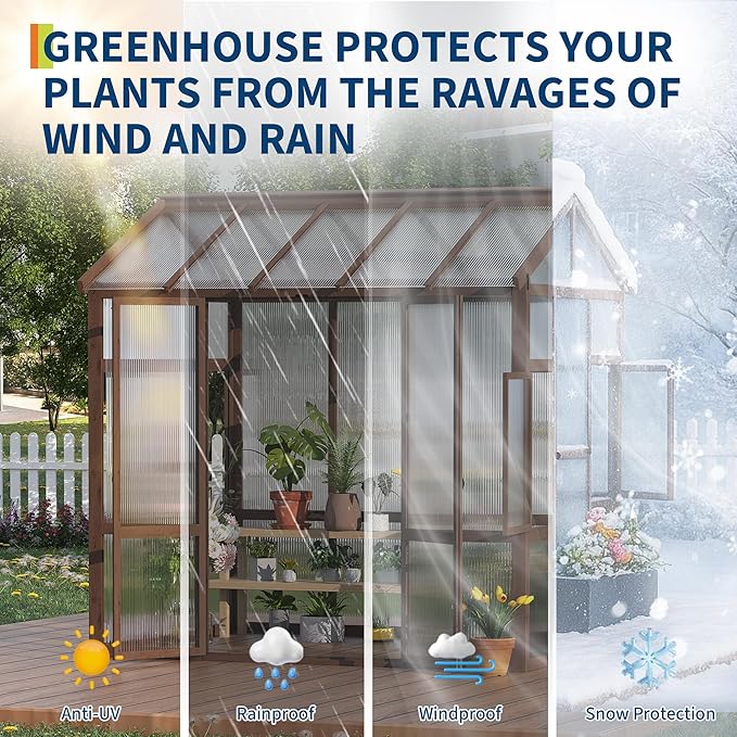 6x8 ft Wooden Greenhouse for Outdoor - Heavy Duty Walk-in Green House Kit with 6 mm Polycarbonate,Ventilated Window & Lockable Door for Backyard,Patio,Lawn